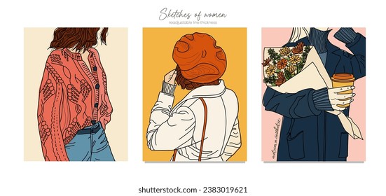 Aesthetic Female sketches, silhouettes. Boho woman portraits in bright colors. Collection of contemporary art posters. Girl with coffee, bouquet of flowers, beret. Fashion model print, poster. 