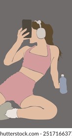 Aesthetic Fitness Female Woman In Headphones And Pink Sport Suite Body Shape Stories For Social Media And Mood Board Vector Design