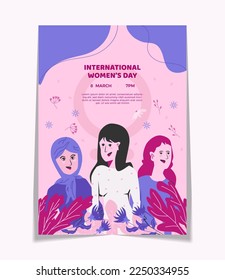 Aesthetic Flat Hand Drawn International Women’s Day with Three Women of Different Looks and Background Vertical Flyer Template EPS10 Vector