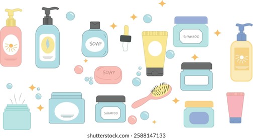 Aesthetic flat lay of skincare and beauty products, including shampoo, soap, cream, and serum bottles, with bubbles and sparkles, promoting personal care, hygiene, and self-care routines