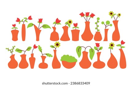 Aesthetic Flat Vase Vector, Flower Vase Line Art, Nature, Flora,Abstract Decoration, Leaves Collection