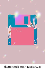 Aesthetic floppy disk icon with Cardwell lily flowers and Computer code (infinity love) text graphic, 80s - 90s computer accessories inspired graphic design