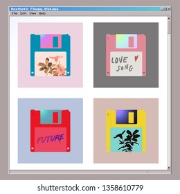 Aesthetic floppy disk icon set, 80s - 90s style inspired computer accessories with exotic flowers and typo design