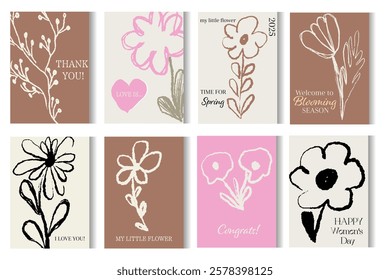 Aesthetic floral greeting cards set with minimalist handdrawn flowers, boho design, pastel colors, modern typography, and nature inspired romantic illustrations. Vector illustration