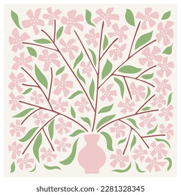 Aesthetic floral retro poster with sakura  or apple blossoms. Trendy hand drawn flowers infantile style. Seventies, groovy background. Decorative contemporary botanical elements.Vector naive art print