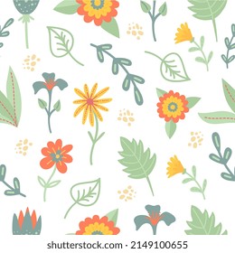 Aesthetic floral seamless pattern. Eclectic flowers decor, minimal cute print with drawing leaves. Abstract amazing scandi boho neoteric vector background