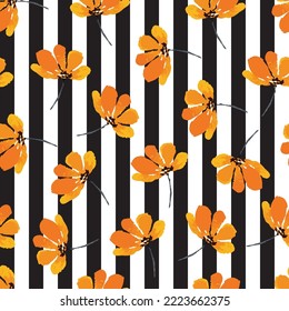 Aesthetic floral seamless surface pattern. Exquisite black and white vertical striped design with bunch of blooming watercolor flowers. Allover printed textured background. Dainty floral arrangement. svg