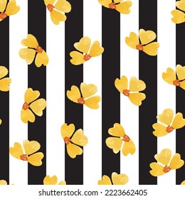 Aesthetic floral seamless surface pattern. Exquisite black and white vertical striped design with bunch of blooming watercolor flowers. Allover printed textured background. Dainty floral arrangement.