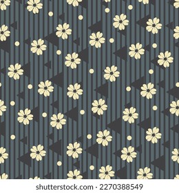 Aesthetic floral seamless surface pattern. Dainty composite overlay of scandi wildflowers, polka dots, triangles and vertical stripes. Allover flowery textured background. Dainty floral arrangement.