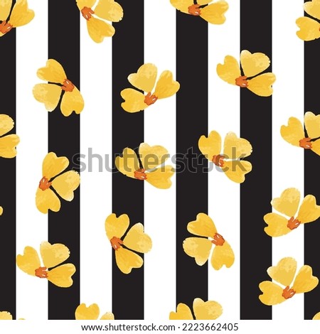 Aesthetic floral seamless surface pattern. Exquisite black and white vertical striped design with bunch of blooming watercolor flowers. Allover printed textured background. Dainty floral arrangement.