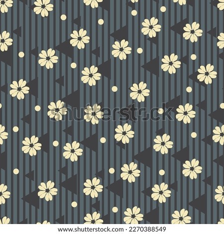 Aesthetic floral seamless surface pattern. Dainty composite overlay of scandi wildflowers, polka dots, triangles and vertical stripes. Allover flowery textured background. Dainty floral arrangement.