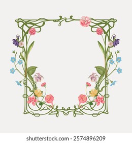 Aesthetic flower frame, ornamental art nouveau, isolated vector element. Decorative vintage frame illustration, vector. Vintage aesthetic frame art drawing illustration, old painting art print.