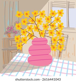 Aesthetic flowers on vase hand drawn vector illustration. Flowers and plants art print, cover, cards, poster and home decor design.