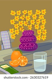 Aesthetic flowers on vase hand drawn vector illustration. Flowers and plants art print, cover, cards, poster and home decor design.