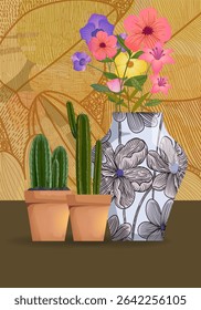 Aesthetic flowers on vase hand drawn vector illustration. Flowers and plants art print, cover, cards, poster and home decor design.