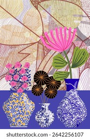 Aesthetic flowers on vase hand drawn vector illustration. Flowers and plants art print, cover, cards, poster and home decor design.