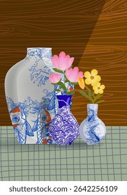 Aesthetic flowers on vase hand drawn vector illustration. Flowers and plants art print, cover, cards, poster and home decor design.