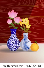 Aesthetic flowers on vase hand drawn vector illustration. Flowers and plants art print, cover, cards, poster and home decor design.
