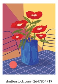 Aesthetic flowers on vase hand drawn vector illustration. Flowers and plants art print, cover, cards, poster and home decor desig