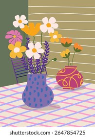 Aesthetic flowers on vase hand drawn vector illustration. Flowers and plants art print, cover, cards, poster and home decor desig