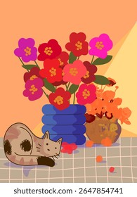 Aesthetic flowers on vase hand drawn vector illustration. Flowers and plants art print, cover, cards, poster and home decor desig