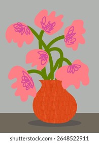 Aesthetic flowers on vase hand drawn vector illustration. Flowers and plants art print, cover, cards, poster and home decor design.