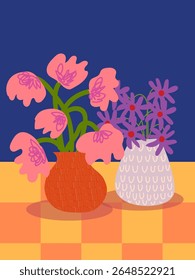 Aesthetic flowers on vase hand drawn vector illustration. Flowers and plants art print, cover, cards, poster and home decor design.