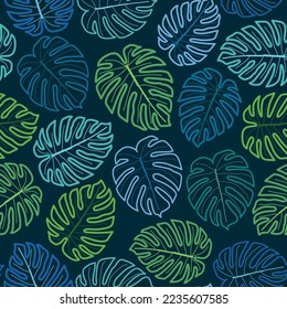 Aesthetic foliage texture. Repeat allover pattern. Swiss cheese plant leaves outlines. Continuous pattern tile of multicolored leaves. Tileable foliate background suitable surface printing and textile