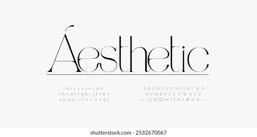 Aesthetic font Set. Lowercase and Uppercase included. Signs and nimerals. Elegant logo and fashion alphabet.