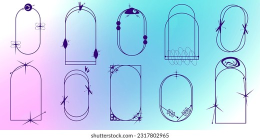 Aesthetic Frame minimal element set. Y2k graphic shape with star and line. Aesthetic gradient vecor illustration. Geometric arch for modern design. Mid Centure style
