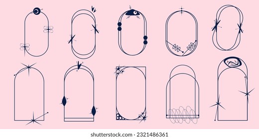 Aesthetic Frame minimal element set. Y2k graphic shape with star and line. Aesthetic vecor illustration. Geometric arch for modern design. Mid Centure style