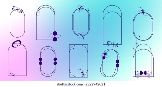 Aesthetic Frame minimal element set. Y2k graphic shape with star and line. Aesthetic gradient vecor illustration. Geometric arch for modern design