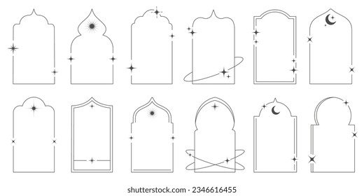 Forma estética del marco. Esbozar elementos gráficos mínimos con estrellas. Resumen de arcos de boho con destellos. Plantillas islámicas de moda de ramadán para afiches e historias. Ilustración vectorial.