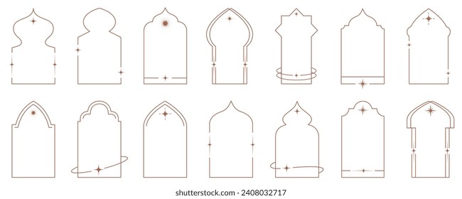 Aesthetic frame shape. Outline minimal graphic elements with stars. Abstract boho arches with sparkles. Trendy ramadan islamic templates set for poster and story. Vector illustration.