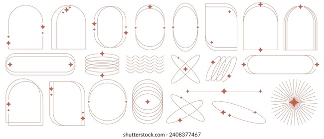 Aesthetic frame shape. Outline minimal graphic elements with stars. Abstract boho arches with sparkles. Trendy geometric templates set for poster and story. Vector illustration.