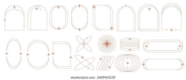 Aesthetic frame shape. Outline minimal graphic elements with stars. Abstract boho arches with sparkles. Trendy geometric templates set for poster and story. Vector illustration.