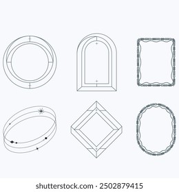 Aesthetic frame shape. Outline minimal graphic elements with stars. Abstract boho arches with sparkles. Trendy geometric templates set for poster and story. Vector illustration