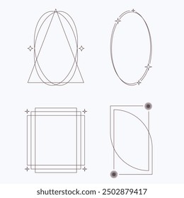 Aesthetic frame shape. Outline minimal graphic elements with stars. Abstract boho arches with sparkles. Trendy geometric templates set for poster and story. Vector illustration