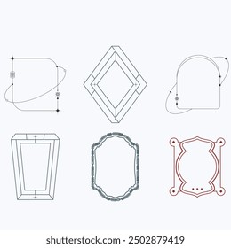 Aesthetic frame shape. Outline minimal graphic elements with stars. Abstract boho arches with sparkles. Trendy geometric templates set for poster and story. Vector illustration