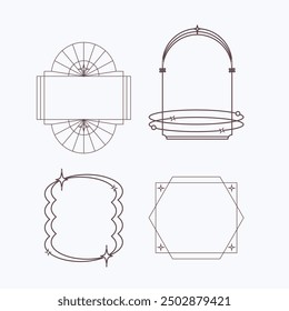 Aesthetic frame shape. Outline minimal graphic elements with stars. Abstract boho arches with sparkles. Trendy geometric templates set for poster and story. Vector illustration
