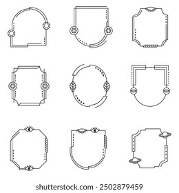 Aesthetic frame shape. Outline minimal graphic elements with stars. Abstract boho arches with sparkles. Trendy geometric templates set for poster and story. Vector illustration