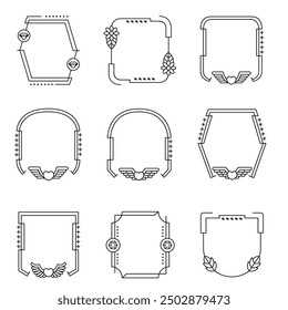 Aesthetic frame shape. Outline minimal graphic elements with stars. Abstract boho arches with sparkles. Trendy geometric templates set for poster and story. Vector illustration