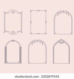 Aesthetic frame shape. Outline minimal graphic elements with stars. Abstract boho arches with sparkles. Trendy geometric templates set for poster and story. Vector illustration