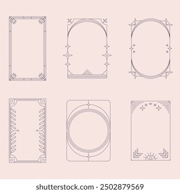 Aesthetic frame shape. Outline minimal graphic elements with stars. Abstract boho arches with sparkles. Trendy geometric templates set for poster and story. Vector illustration