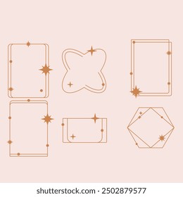 Aesthetic frame shape. Outline minimal graphic elements with stars. Abstract boho arches with sparkles. Trendy geometric templates set for poster and story. Vector illustration