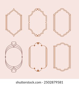 Aesthetic frame shape. Outline minimal graphic elements with stars. Abstract boho arches with sparkles. Trendy geometric templates set for poster and story. Vector illustration