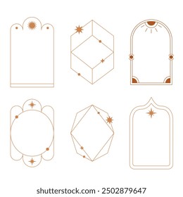 Aesthetic frame shape. Outline minimal graphic elements with stars. Abstract boho arches with sparkles. Trendy geometric templates set for poster and story. Vector illustration