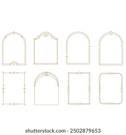 Aesthetic frame shape. Outline minimal graphic elements with stars. Abstract boho arches with sparkles. Trendy geometric templates set for poster and story. Vector illustration