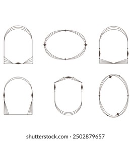 Aesthetic frame shape. Outline minimal graphic elements with stars. Abstract boho arches with sparkles. Trendy geometric templates set for poster and story. Vector illustration