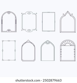 Aesthetic frame shape. Outline minimal graphic elements with stars. Abstract boho arches with sparkles. Trendy geometric templates set for poster and story. Vector illustration